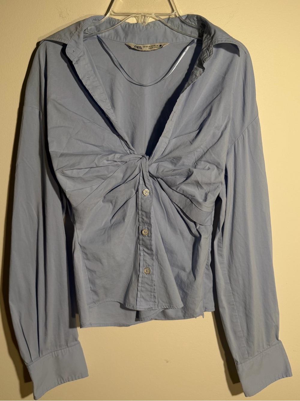 Zara Pale Blue Knot-Front Button Down Shirt